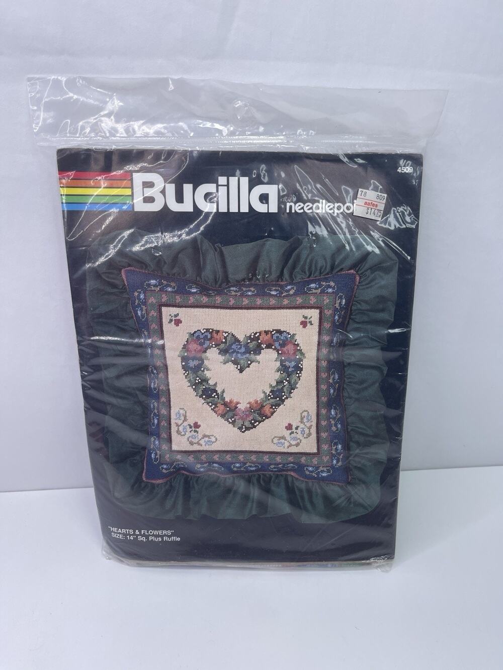 Vintage Bucilla Needlepoint Kit 4509 Hearts & Flowers Pillow Canvas Yarn Sealed